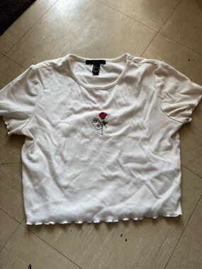 Forever 21 White Cropped Tee with Embroidery